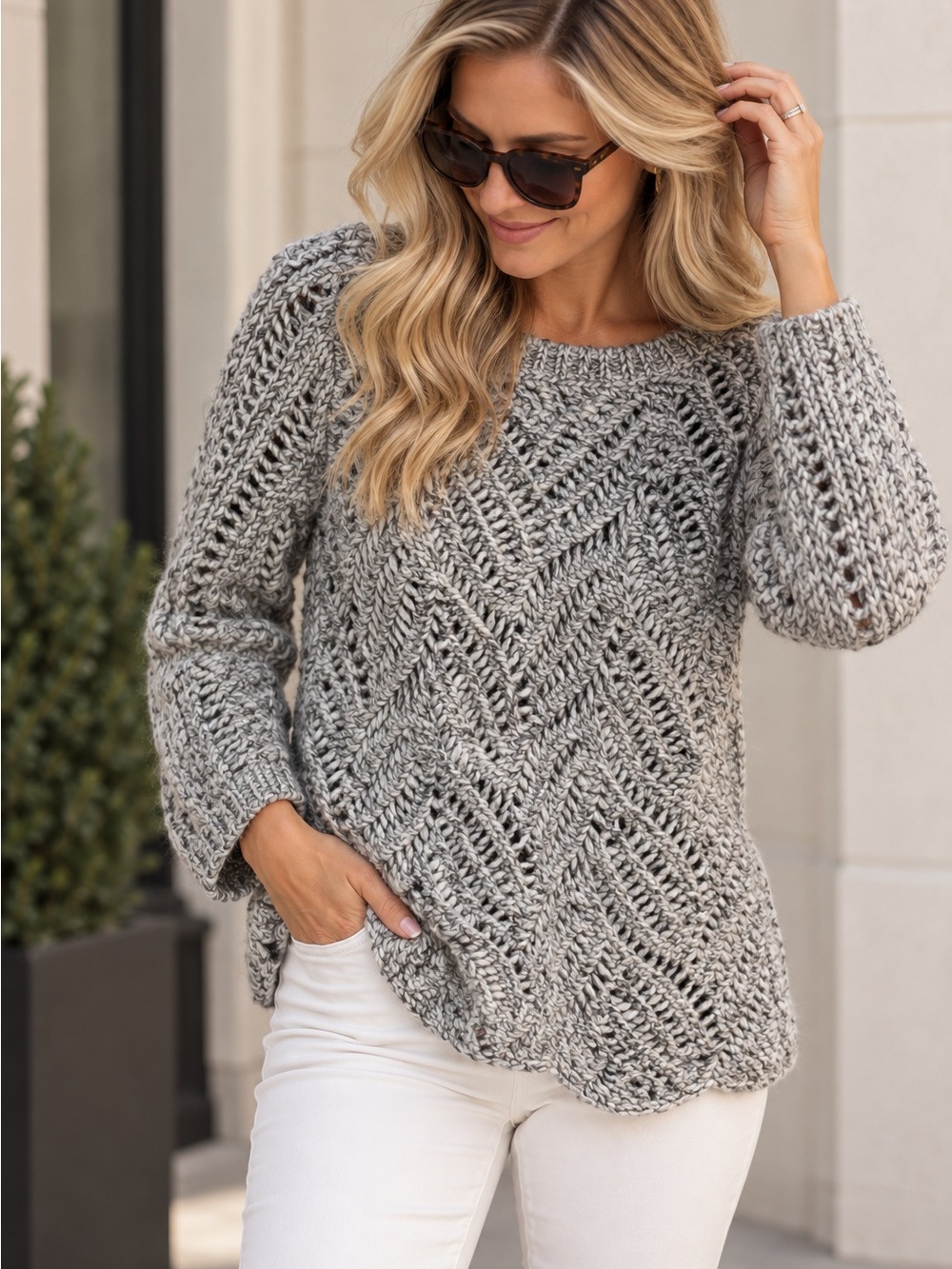 LOFT Gray Open-Stitch Crewneck Sweater